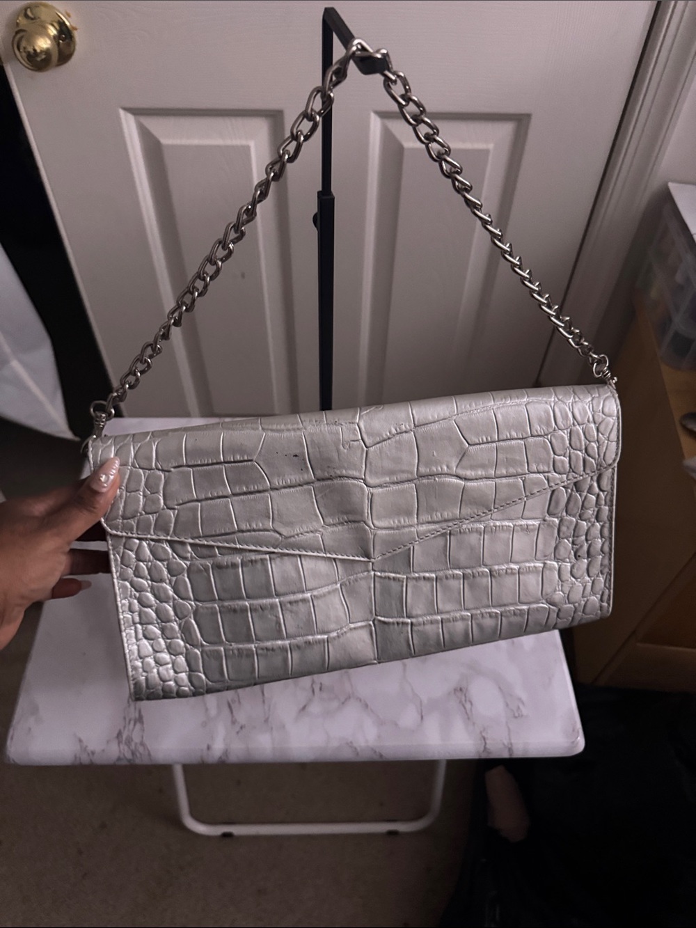 Silver Croc-Embossed Chain Shoulder Bag - Women